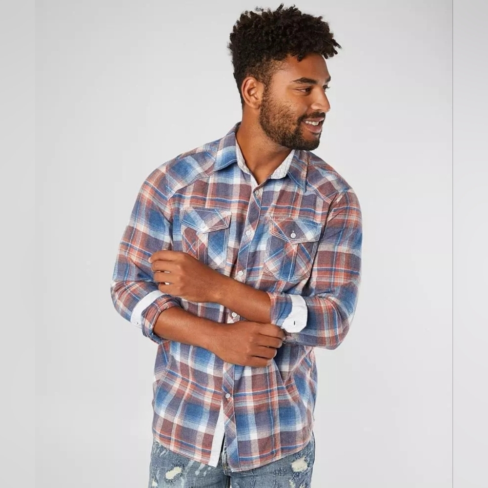 Buckle BKE Orange and Blue Brushed Flannel Shirt